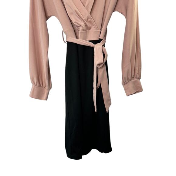 Grace Karin Pink & Black Classic V-Neckline Long Sleeve Form Fitting Wrap Dress - Picture 5 of 12